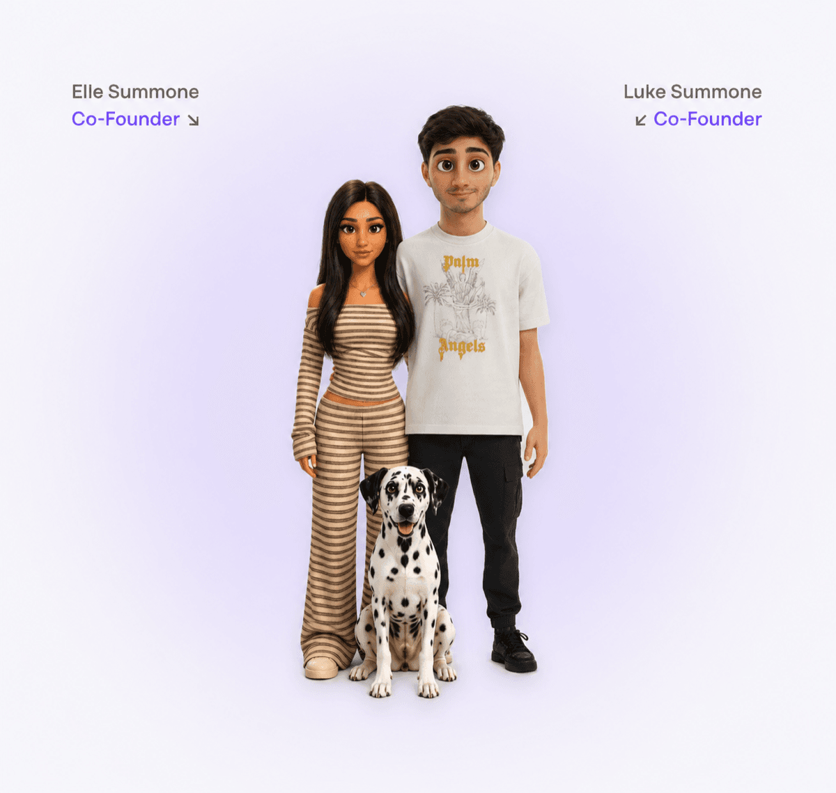 Elle and Luke Summone, co-founders, with Heidi the Dalmatian — animated characters